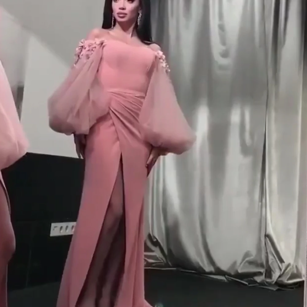 

pink prom dresses 2019 off the shoulder hand made flowers front slit satin long sleeve evening dresses arabic