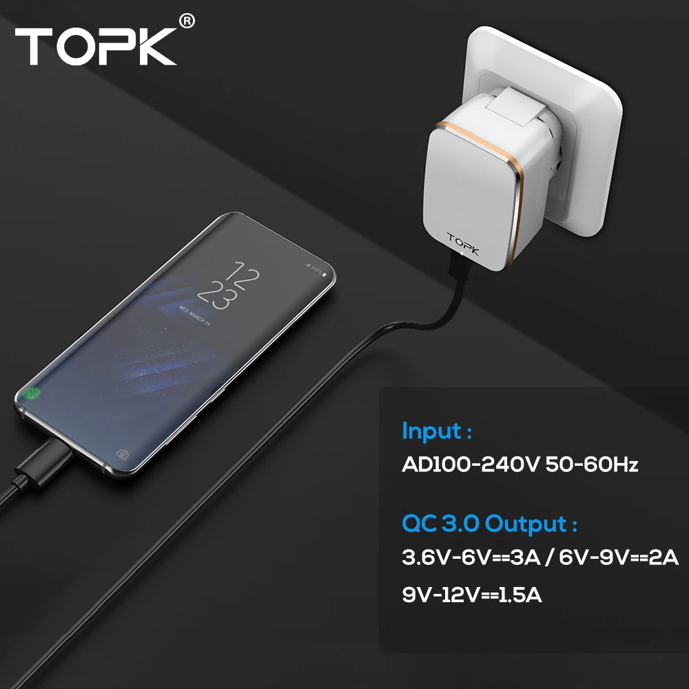 TOPK Quick Charge 3 0 USB Зарядное устройство штепсельная вилка стандартов ЕС и США 2 в 1
