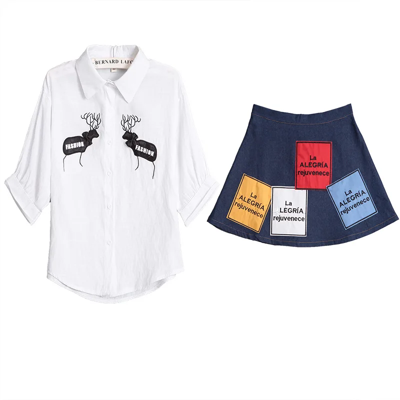 

2018 latest fashion girl suits spring new white shirt A word skirt denim skirts two-piece outfit lady vestido student school