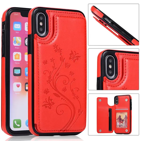 Чехол s для iphone X XS MAX XR кошелек чехол с держателем карты тисненый цветок Премиум из искусственной кожи чехол для iphone 8 7 6 6S plus чехол - Цвет: Красный