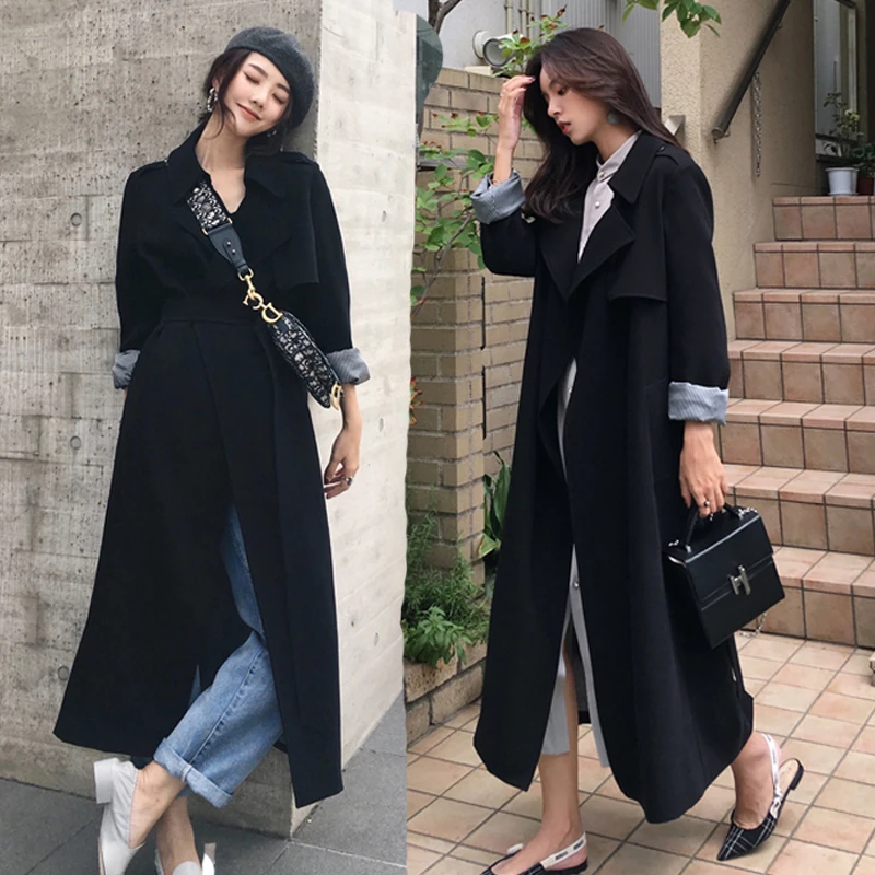 Black Women Trench Coat New Casual Long Streetwear Broadcloth Full Turn-down Collar Belt Wide-waisted Solid Classic | Женская одежда