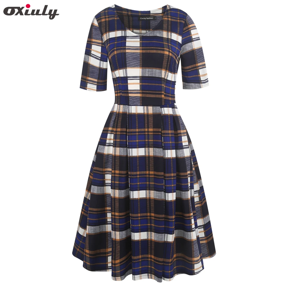 Half DBlue Plaid Oxiuly винтажное женское элегантное платье с круглым вырезом, в полоску, в горошек, в клетку, с принтом, из кусков, с карманами, пышное, повседневное, праздничное платье, весна - Цвет: Half DBlue Plaid