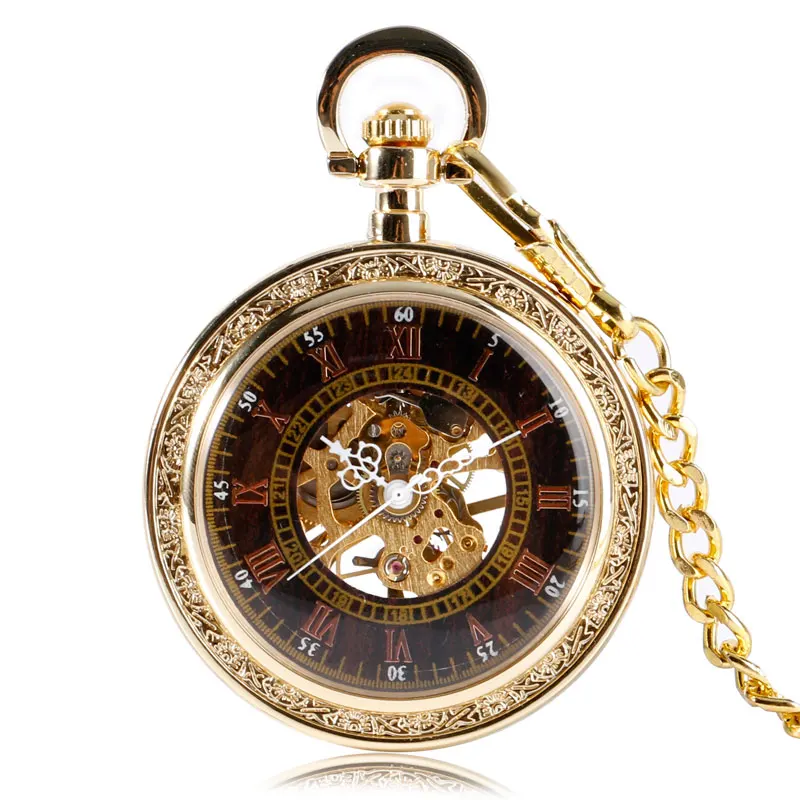 Vintage Golden Skeleton Porket Watch Unisex Retro Mechanical Hand Wind Watch Open Face Design Roman Numbers Watches in Gift Bag