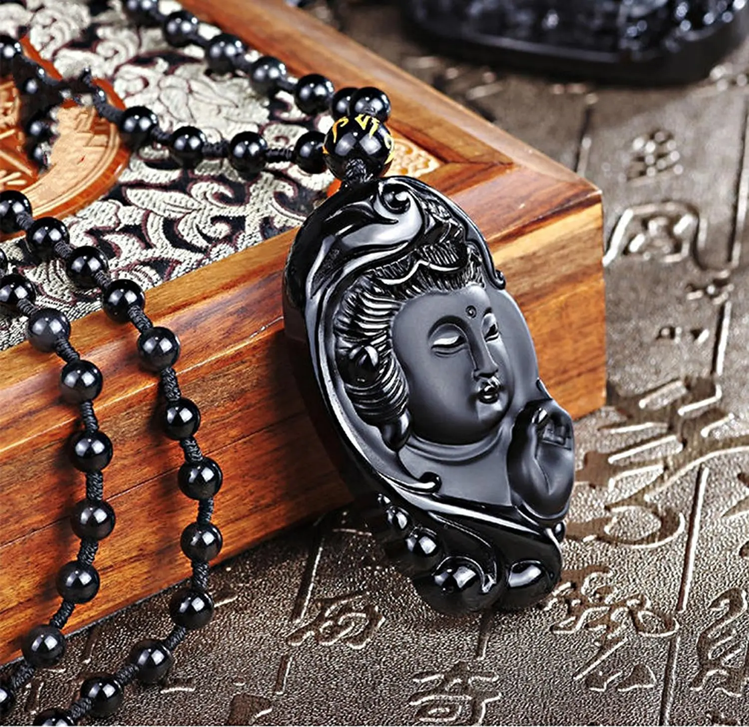 Ювелирные изделия Koraba ручной работы из натурального обсидиана Bodhisattva Kwan Yin Guan