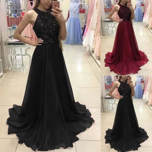 

Women Ladies Formal Sequins Halter Dress Sleeveless Floor-Length Long Dress