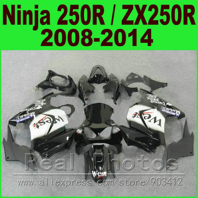 Черно белый Западный Kawasaki Ninja 250r Обтекатели Корпус Комплект 2008 2014 EX250 2009 2010 2011 2012 ZX