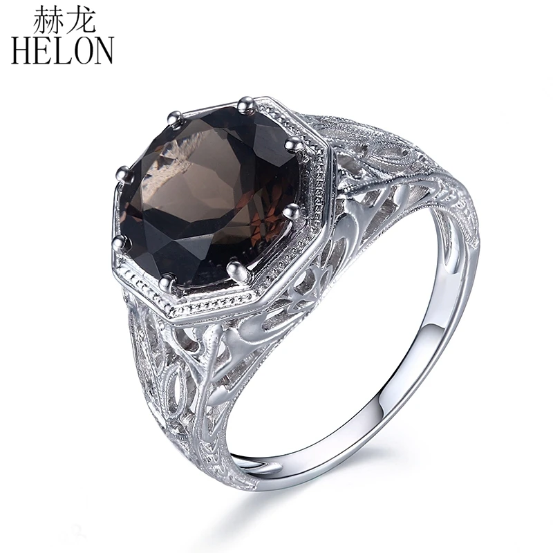 HELON Настоящее серебро 925 проба 3.76ct круглый вырез подлинная дымчатый кварц обручальное кольцо для женщин свадебные старинные ювелирные украшения