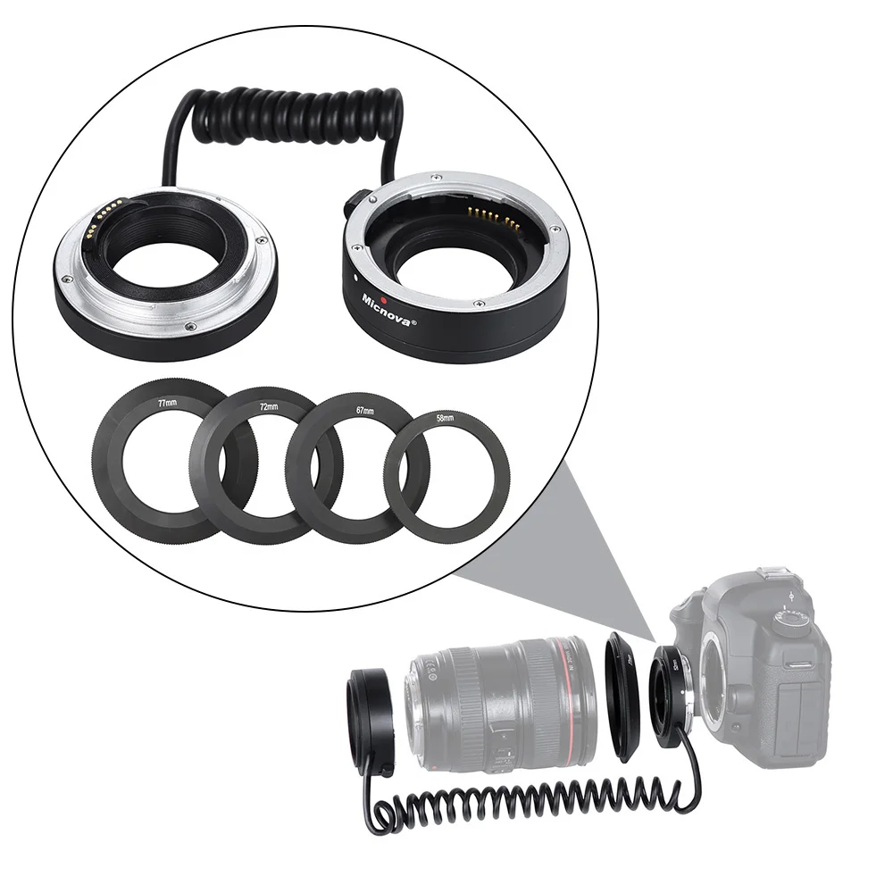 Micnova KK-MRA5C переходное кольцо Труба для объектива USM Canon EF/EF-S Крепление объектива с автофокусом для крупного плана Макросъемка обратное 4 кольцевыми адаптерами 58/67/72/77 мм