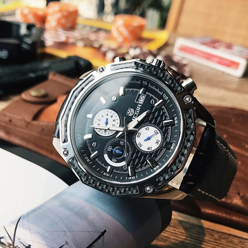 MEGIR Fashion Casual Quartz Wrist Watch Men Luxury Top Brand 30M Waterproof Leather Strap Sports Watches Male Relogio Masculino
