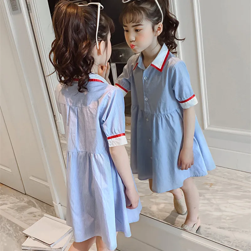 

DFXD Fashion Summer Children Girls Short Sleeve Shirt Dress Turn Down Collar Single-breasted Princess Dress New Kids Party Dress