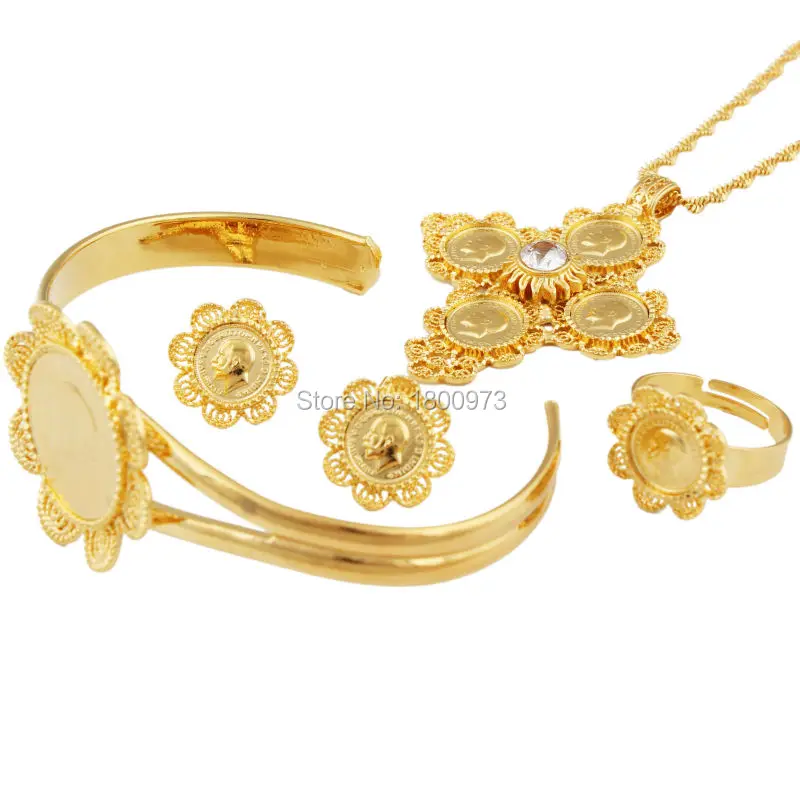 Набор свадебных ювелирных изделий 5 шт. с монеткой крестиком 22 к золотого цвета со