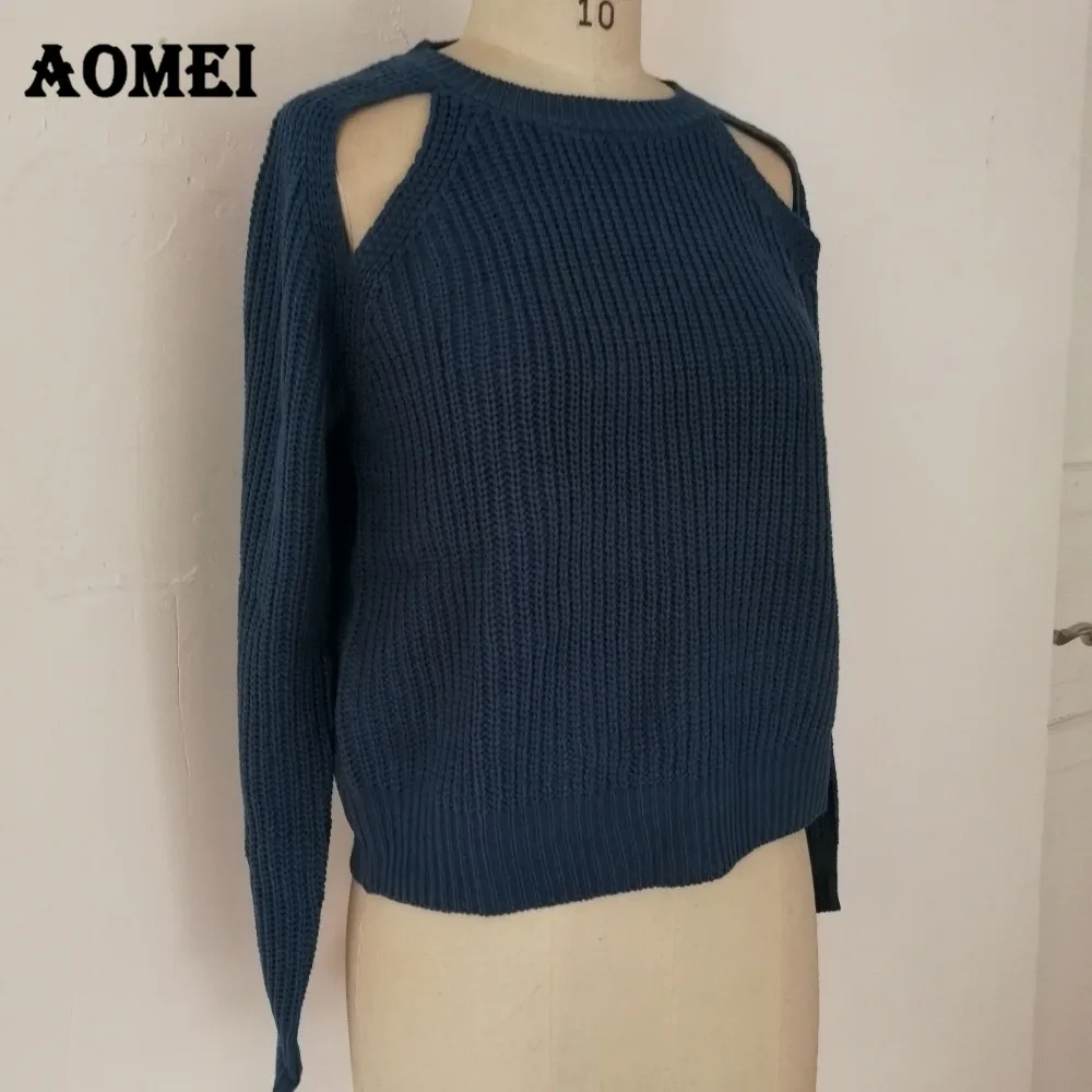 Женский джемпер с открытыми плечами Элегантный Эластичный синий вязаный пуловер