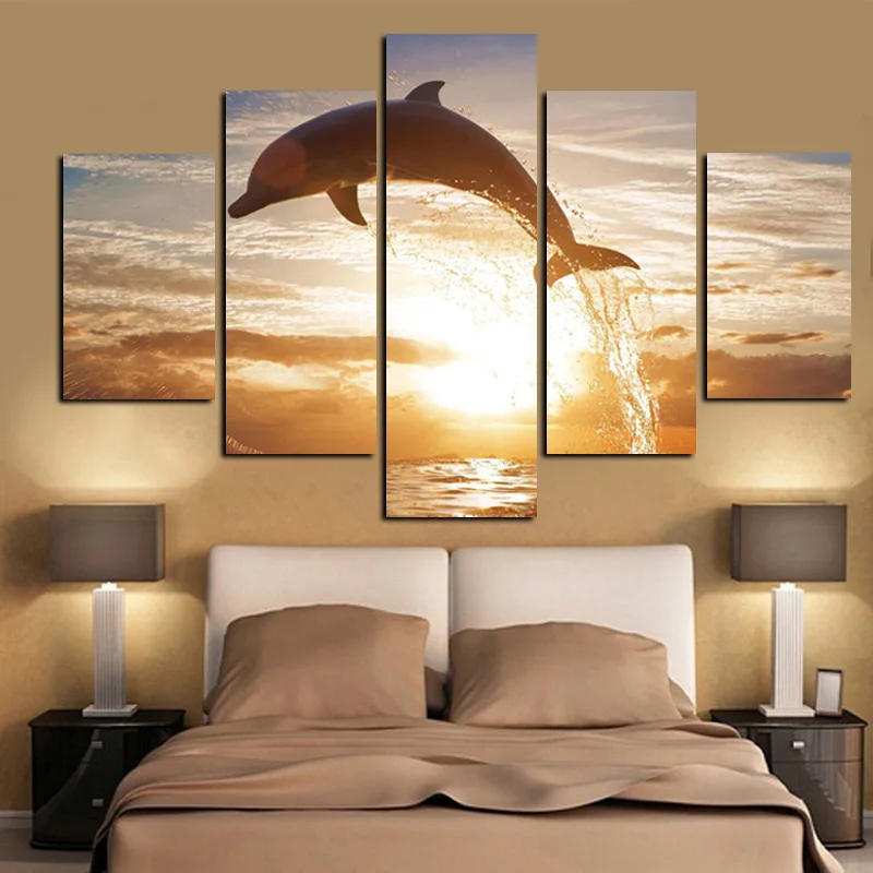 

5Panel Print Playful Dolphin Sunset Animal Seascape Oil Painting on Canvas Poster Modular Painting Wall Picture for Living Room