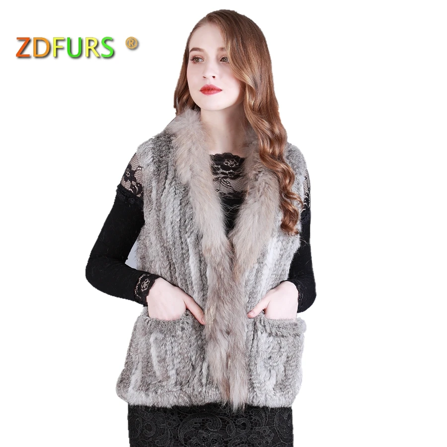 ZDFURS * Free shipping womens natural real rabbit fur vest with raccoon fur collar waistcoat/jackets  Knitted Rabbit Fur Gilet