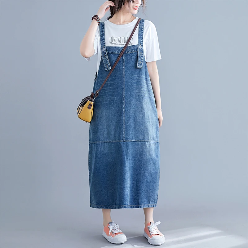 Синий 0406 Overalls Suspender Denim Dress Women Loose Plus Size Backless Spaghetti Strap Jeans Dress Female Vestidos Casual Summer - Цвет: Синий