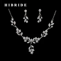 hibride new arrival elegant leaf design long chain cz pendant necklace earring set bridal jewelry sets dress accessories n 264