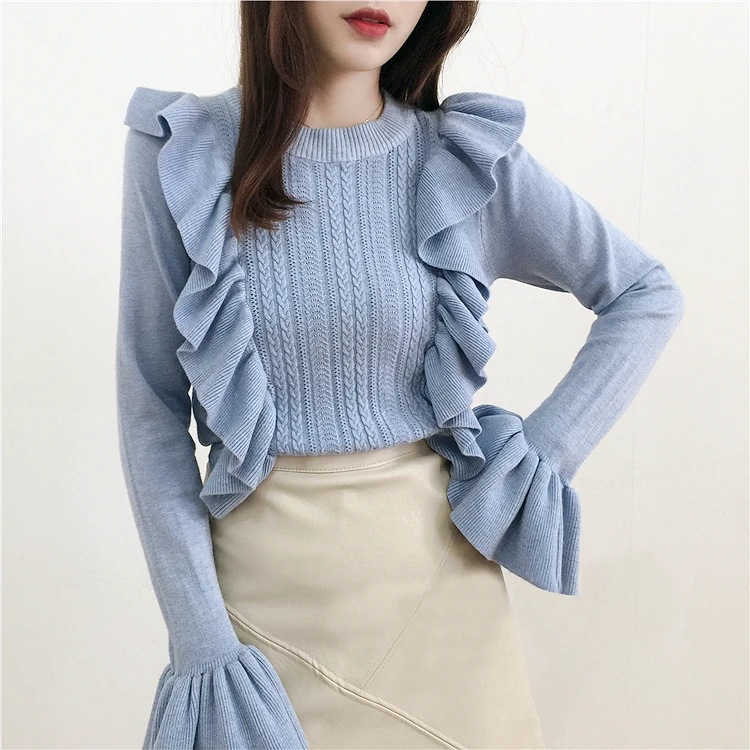HAMALIEL Fashion Sweet Autumn Women Knitting Pullovers Korean Sky Blue Ruffles Crochet Knitted Long Flare Sleeve Sweater Jumper | Женская