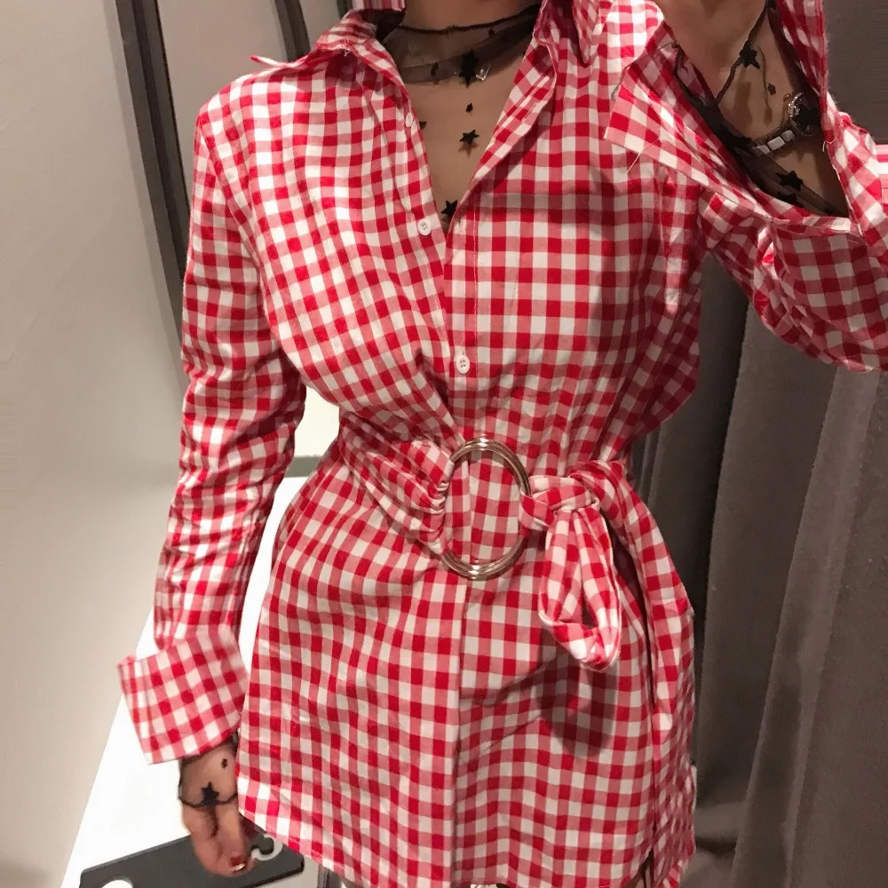 Для женщин Блузки для малышек с длинным рукавом красный черный рубашки в клетку