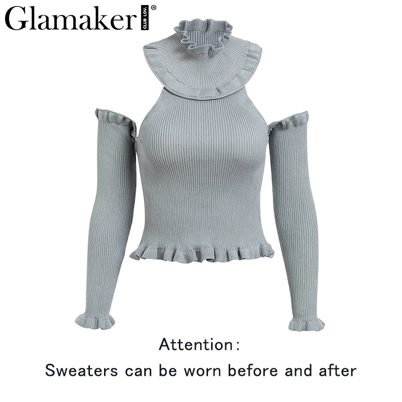 Glamaker Ruffle cold shoulder turtleneck sexy sweater Women halter long sleeve pullover Knitted backless summer party jumper | Женская