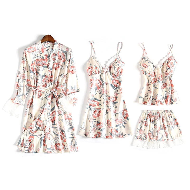 

BZEL Summer Floral Print 4 Pcs Robe Set Women Sexy Lace Night Gown Set Ladies Silk Satin Night Dress V-neck Soft Belt Bathrobe