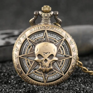 Vintage Bronze Steampunk Hollow Carribean Pirate Skull Head Horror Quartz Pocket Watch with Chain fo in India