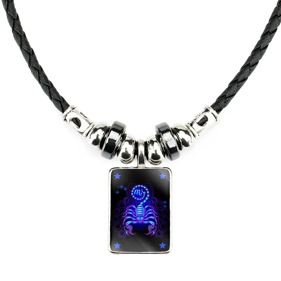 Колье с 12 знаками Зодиака черное плетеное кожаное ожерелье раком Leo Virgo Libra Punk