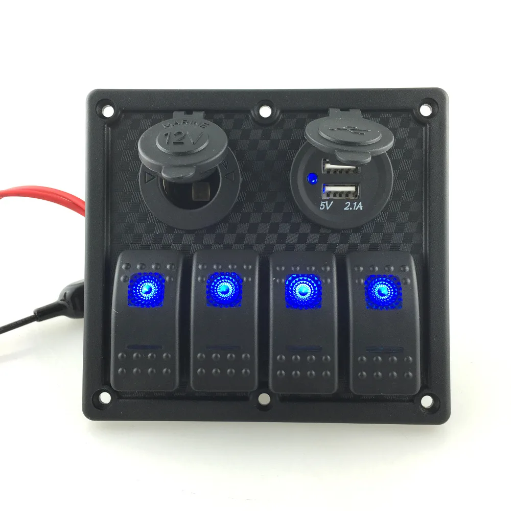 

4 Gang Blue Aluminum Rocker Switch Panel 12V Power Socket Double USB Power Charger Adapter For RV Boat Car Truck