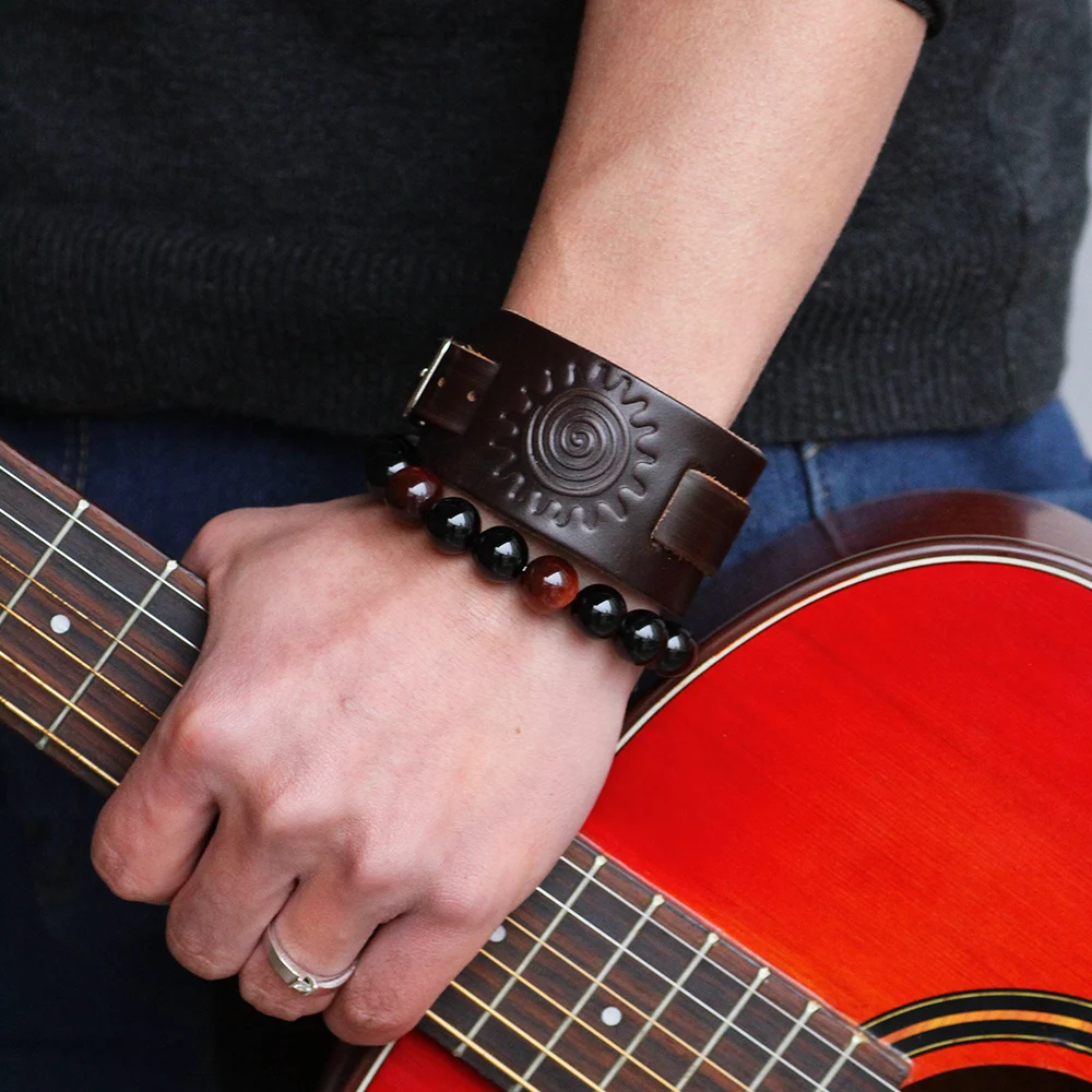 LIKA Punk Genuine Leather Bracelet Men Vintage Wide Cuff Bangles Adjustable Buckle Wristband Male Jewelry Black &amp Brown | Украшения и