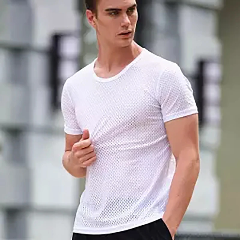 Мужская сетчатая прозрачная летняя футболка 2019 модная сексуальная уличная