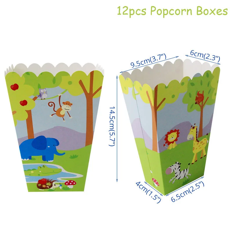 12p popcorn box Джунгли вечерние друзья животных набор воздушных шаров Декор сафари вечерние одноразовые набор столовых приборов мальчик бумажная тарелка на день рождения чашки торт топперы - Цвет: 12p popcorn box