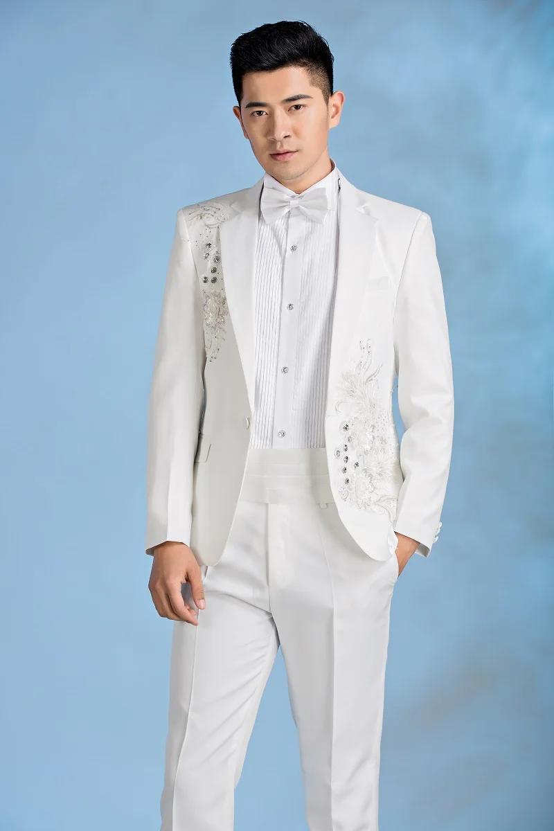 

free ship mens white/black beading embroidery tuxedo suit/event/stage performance, jacket with pants/event/studio suit