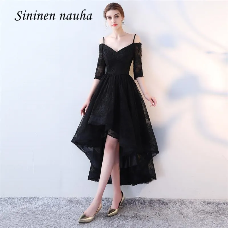 

Black Prom Party Dresses With Sleeves High Low Off Shoulder Lace Homecoming Cocktail Dress For Graduation Vestido De Festa 167