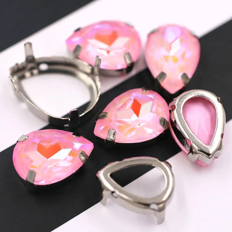 Light rose Новинка, Каплевидная форма, ФЛУОРЕСЦЕНТНОЕ стекло мокко, кристалл, пошив, Полое Основание, серебряная коготь, установка, стразы с плоским основанием для одежды - Цвет: Light rose
