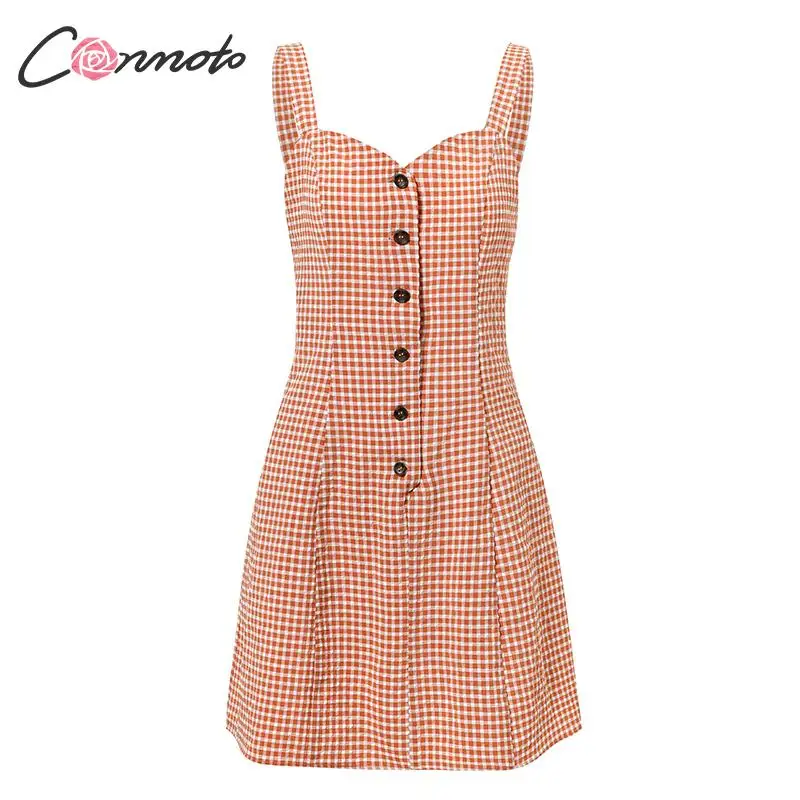 Conmoto Оранжевый клетчатый сарафан на тонких бретельках летнее платье без рукавов