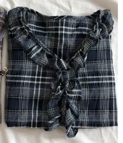 Navy Blue Милые топы с оборками для женщин, японский корейский стиль, темперамент, Женская винтажная рубашка в клетку, блузки для девочек, рубашка с длинным рукавом и v-образным вырезом, 877 - Цвет: Navy Blue