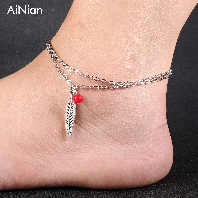 AiNian Anklets Для Женщин украшения для ног двойные цепочки красные бусины