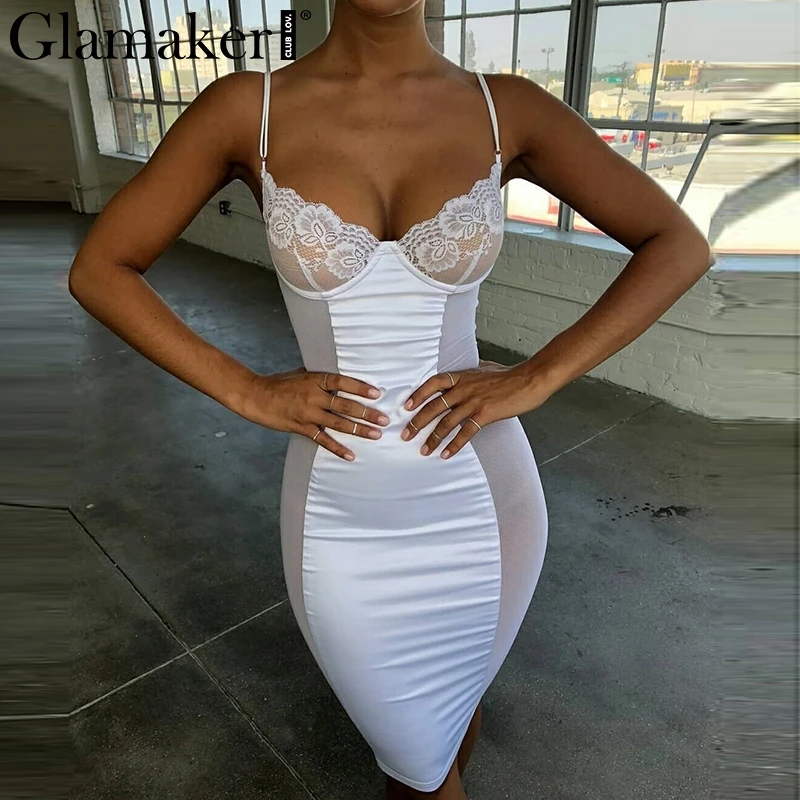 Женское платье без рукавов Glamaker Белое Облегающее с кружевной сеткой и