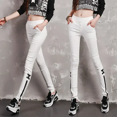 Плюс Размер S XXXL Карандаш Брюки Женщины 2017 Весенняя Мода Черный Белая Кожа Молния