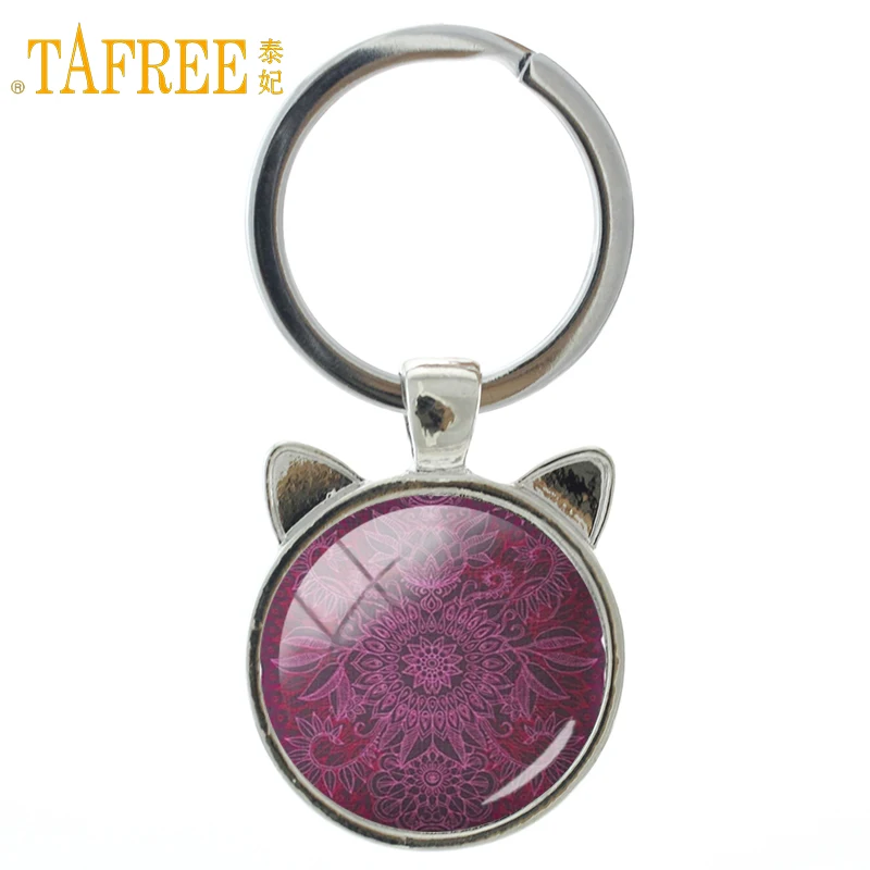 

TAFREE Colorful Geometric keychain vintage mandala Art Picture Glass Cabochon key chain fashion ring holder jewelry A186