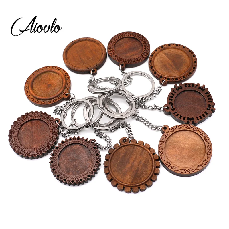 3pcs/lot 25 30mm Wood Cabochon Stainless Steel Keychain Base Settings Diy Blank Brown Cameo Trays for Key Chain Jewelry Making | Украшения