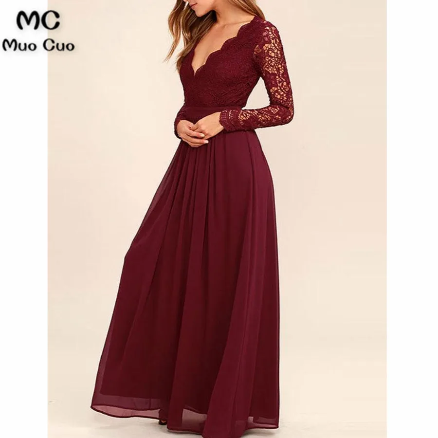 

Burgundy Long Sleeves Evening Dresses Long with Lace Deep V-Neck Chiffon Backless Formal Evening Party Dress for Women