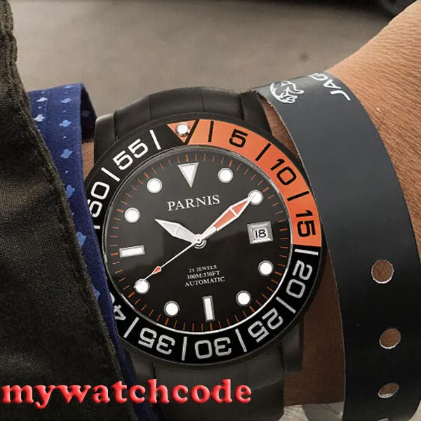 

42 мм Parnis черный циферблат сапфировое стекло PVD чехол Miyota автоматические мужские часы P408