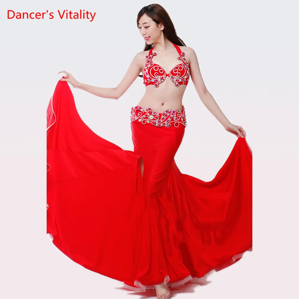 

Beginner Belly Dance Performance Suits Women/Girls Stage Competition Clothing Diamonds Bra&Belt&Sexy Split ends Skirt 3pcs suits