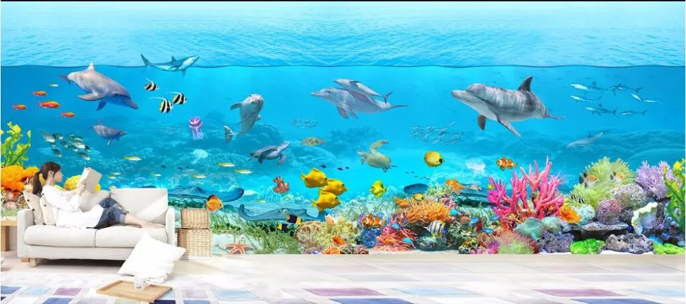 3d обои на заказ роспись фото морской водный Дельфин коралловые рыбы украшение