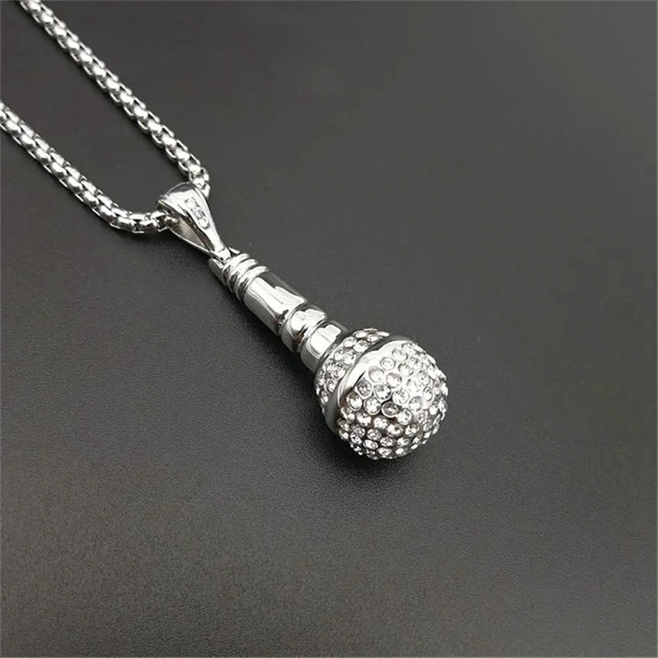 Хип хоп Iced Out Bling кулон микрофон ожерелье для мужчин золотой цвет нержавеющая