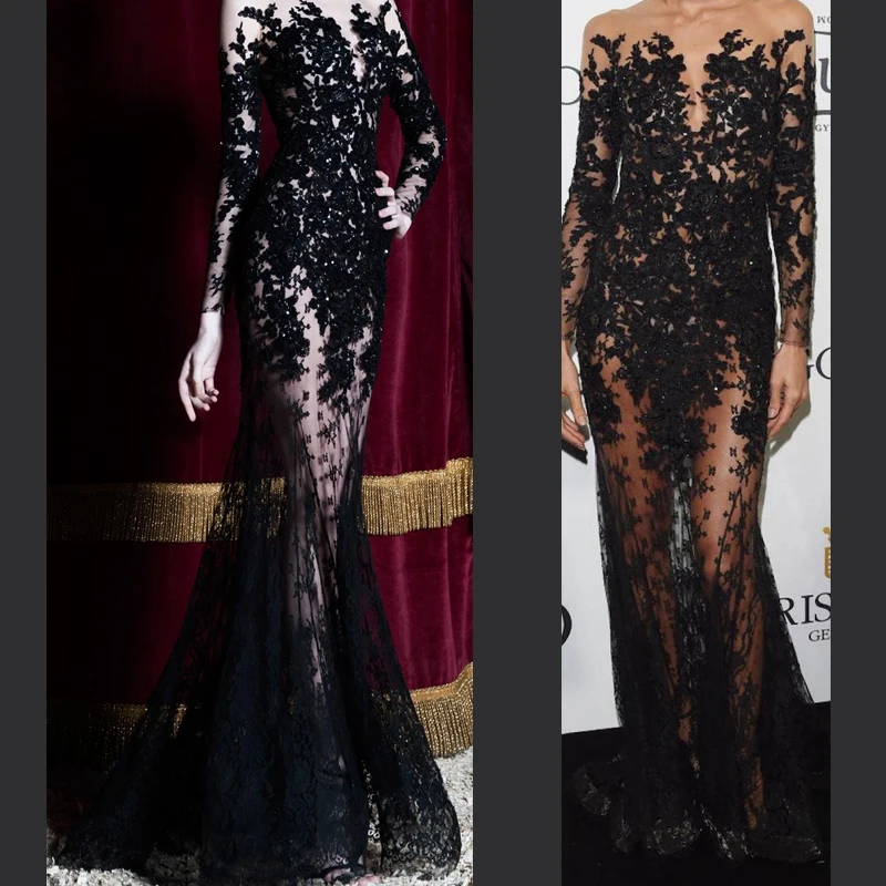 Abiye Черный Кружевной Тюль с длинным рукавом пикантные вечерние платья для