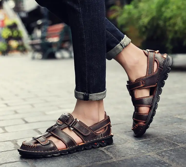 Летние мужские сандалии удобная обувь из мягкой кожи на платформе пляжные