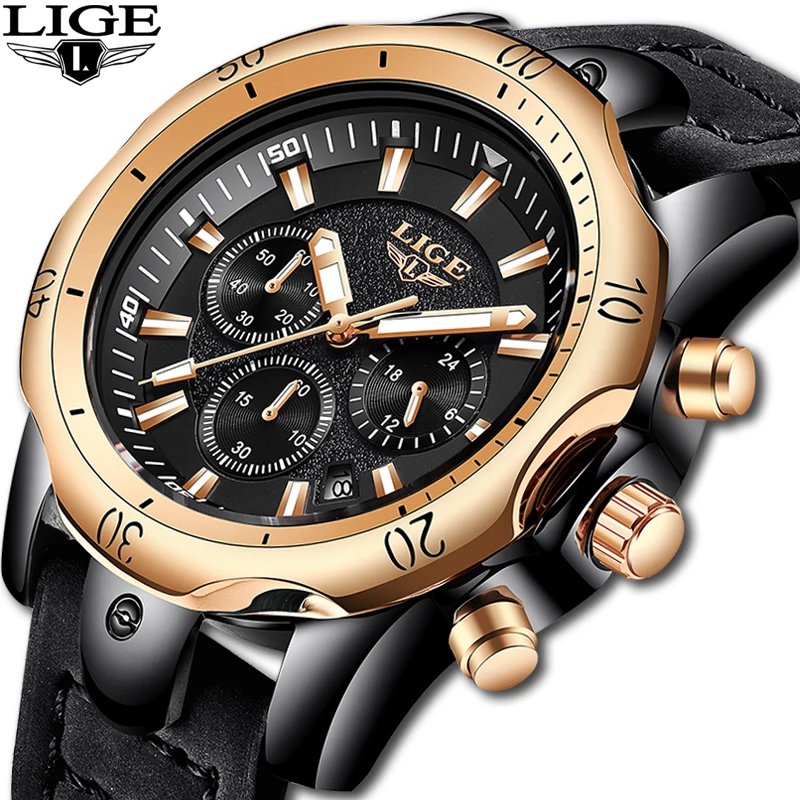Relojes Hombre новые LIGE кварцевые наручные мужские часы с большим циферблатом золотые черные мужские часы с кожаным ремешком дикие спортивные водонепроницаемые хронограф