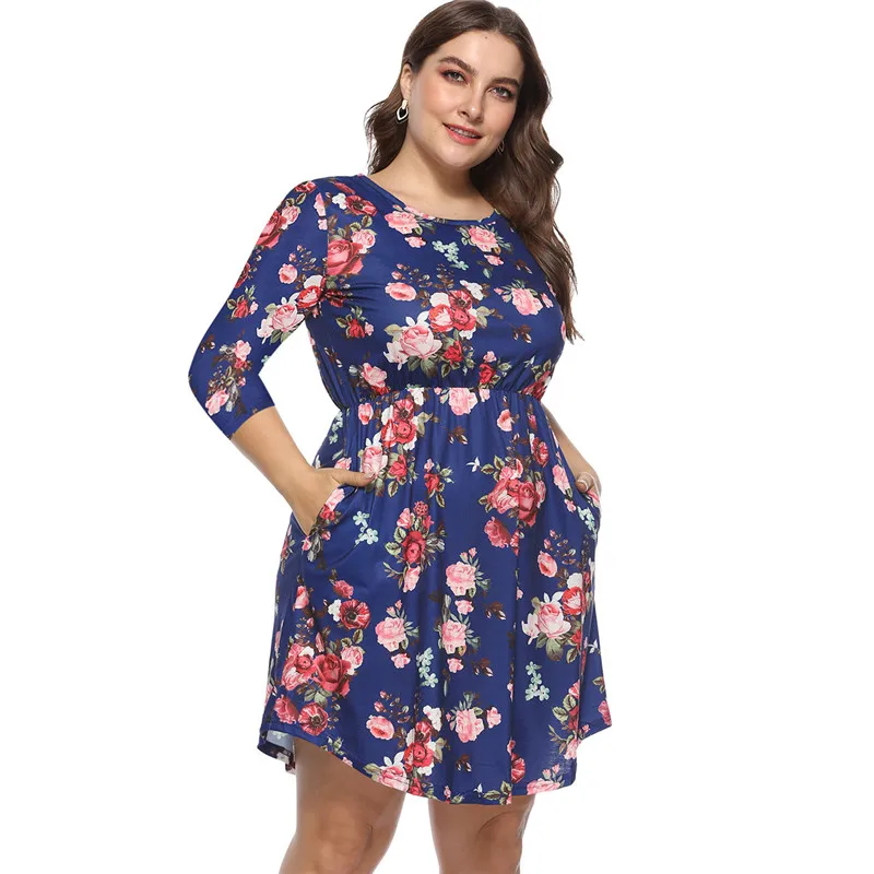 Autumn O Neck Long Sleeve Flower Print Dress Women Casual Knee-Length Dresses High Waist Plus Size 2018 New Oversize |