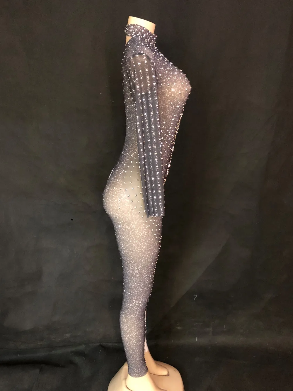 Women Sexy Net Yarn Black White Jumpsuit Sparkling Crystals Nightclub Birthday Party Stage Wear for Dancer Singer Dance Costumes | Женская